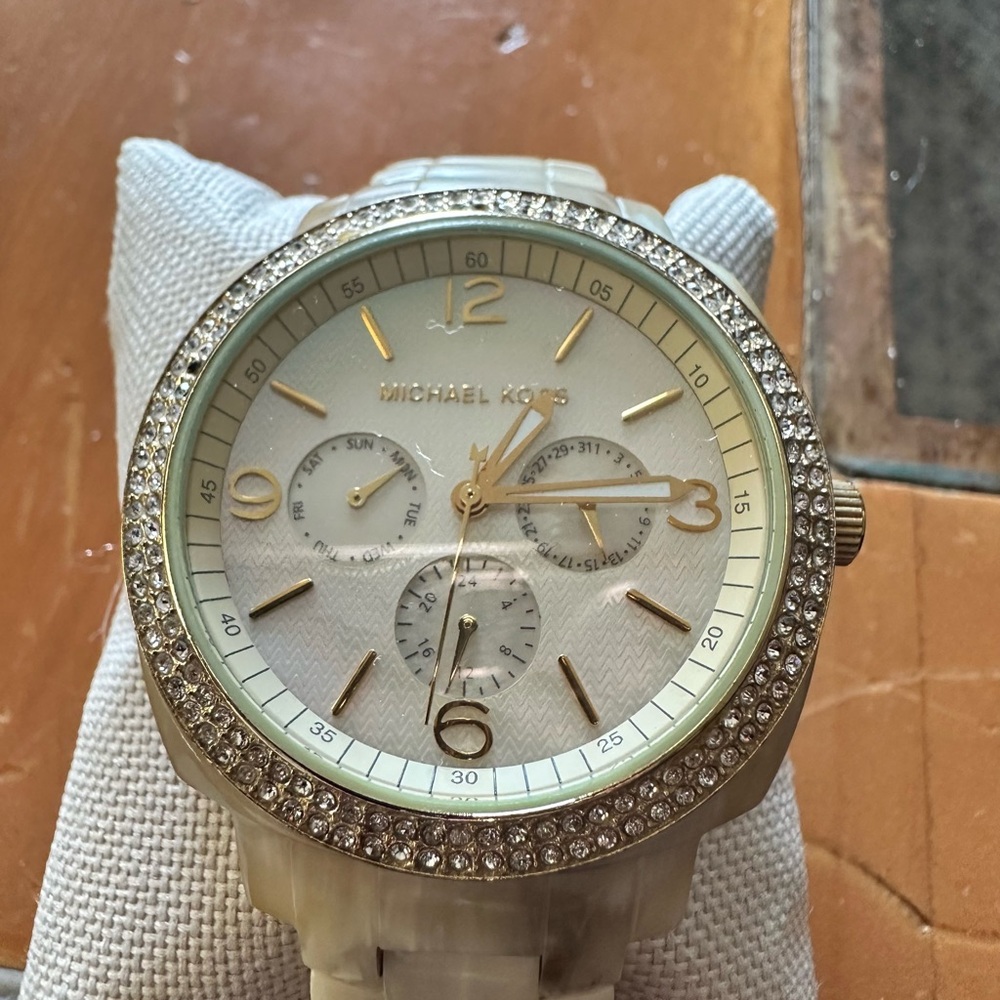Michael Kors Crystal-Embellished Gold and White Watch